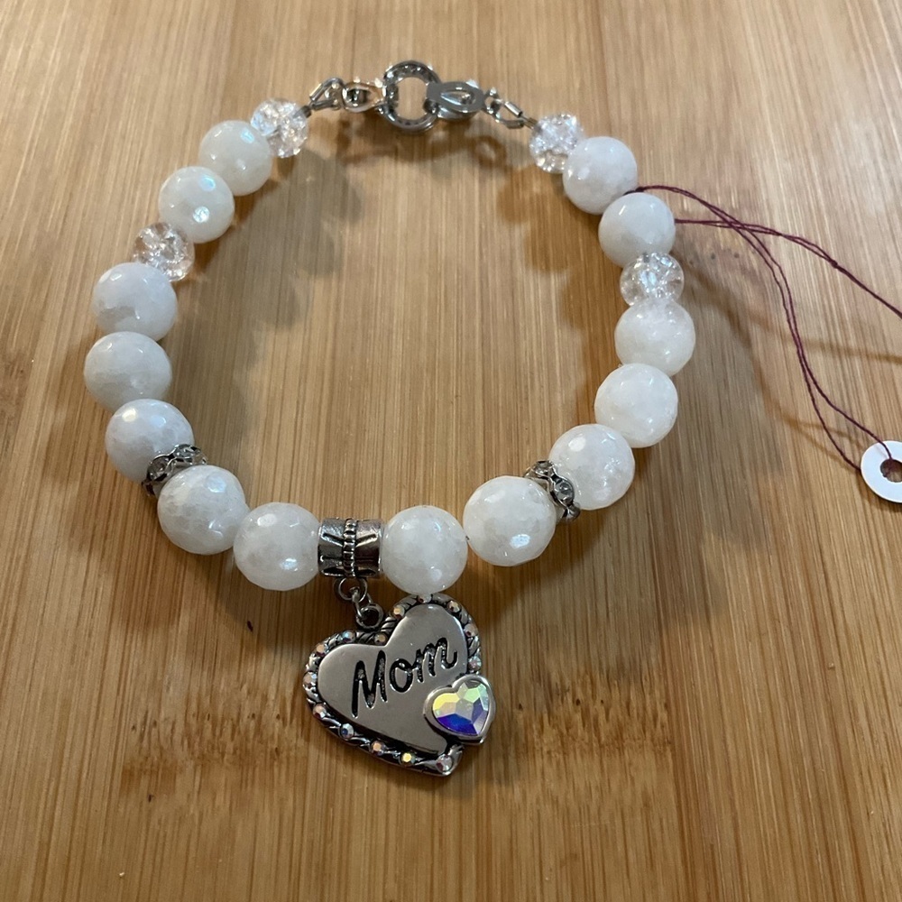 Hand Crafted Beaded Bracelet Mom Charm Pendant White Quartz Crystals Rhinestone